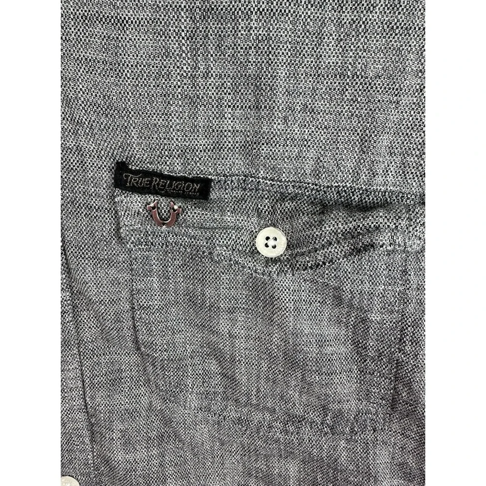 True Religio Hooded Button Down Shirt Mens Large Gray Long Sleeve Side Zip